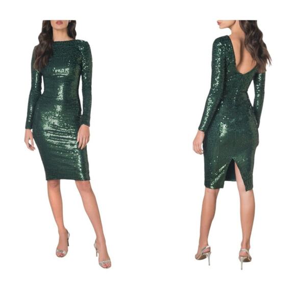Dress The Population Emery Long Sleeve Sequin Cocktail Midi Dress Dark Pine  XXL